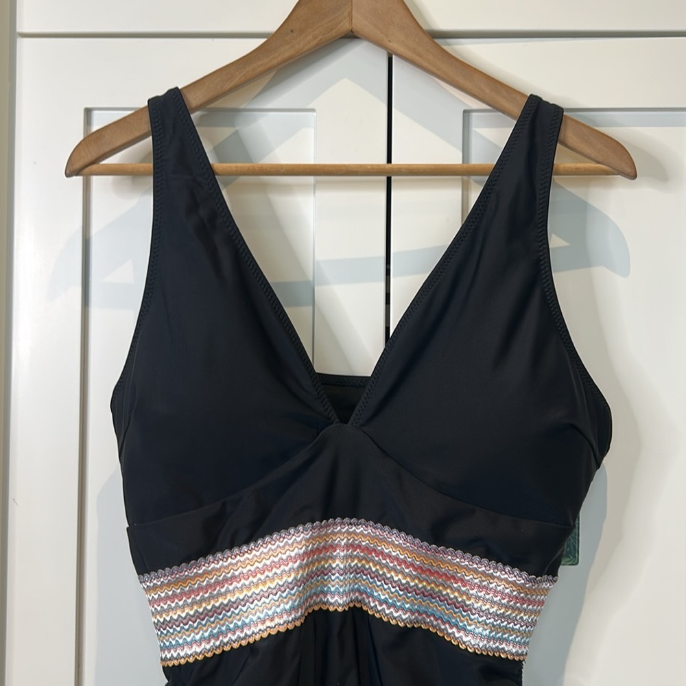 Black One Piece Tummy Control Swimsuit with Striped Waist - Picture 5 of 16